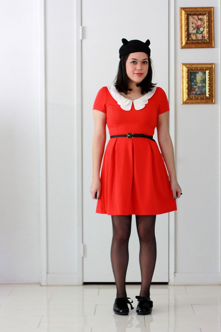 Modcloth 'Looking to Tomorrow' Red Peter Pan Collar Retro Vintage-Style Dress Outfit with Cat-Ear Beret Hat