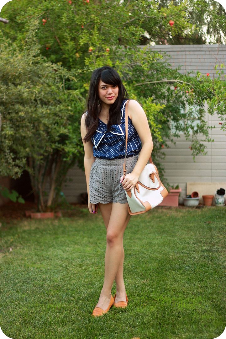 Sweets and Hearts style: outfit featuring sailor blouse, scalloped shorts, Pour la Victoire satchel, thrifted leather loafers Sweets and Hearts style: outfit featuring sailor blouse, scalloped shorts, Pour la Victoire satchel, thrifted leather loafers