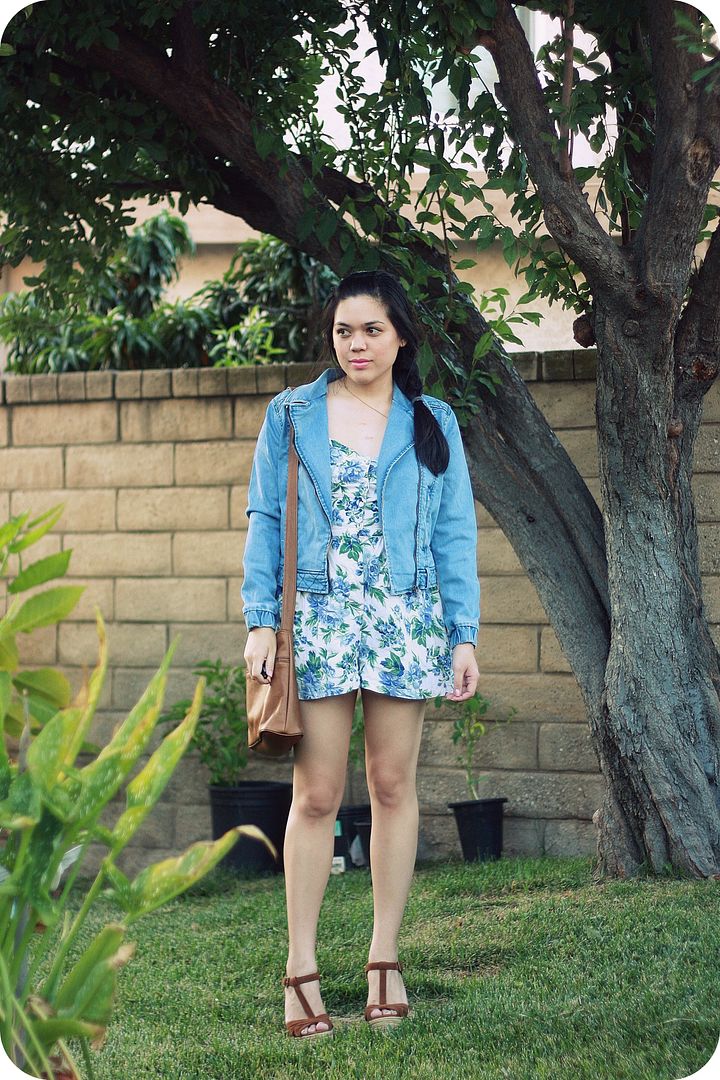 Sweets & Hearts fashion and style: outfit featuring Dear Creatures denim moto jacket, Topshop floral romper, Aldo espadrille wedges, vintage leather crossbody bag Sweets & Hearts fashion and style: outfit featuring Dear Creatures denim moto jacket, Topshop floral romper, Aldo espadrille wedges, vintage leather crossbody bag