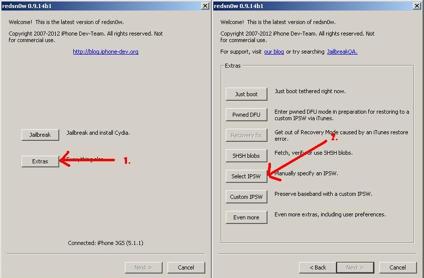 redsnow 0 9 14b1 and click extras and select ipsw